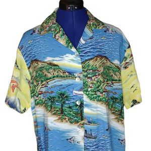 CLIO Women's Hawaiian Print Casual Button-Down Shirt Blue Medium